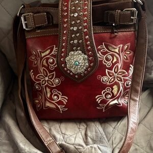 Elegant Red and Brown Embellished Crossbody Bag